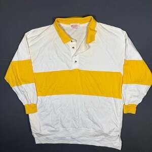 Vintage 80s Energie Striped Rugby Shirt Polo White Yellow Long Sleeve Men Medium